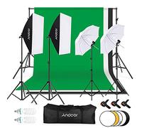 Andoer Kit de Fotografía, 2 Softbox 50x70cm, 2 Bombillas de 135W y 2 de 45W, 3 Fondo de Blanco, Negro, Verde, Sistema de Soporte de 2x3m para Retratos y Videos