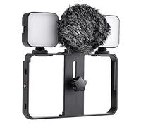 Andoer Kit de jaula de vídeo para smartphone con 2 mini luces LED de relleno, minimicrófono con parabrisas para amortiguador, soporte de vídeo para smartphone portátil, 3 soportes para zapatos fríos