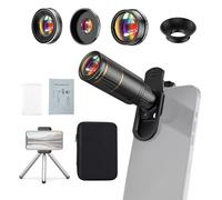 Andoer Kit de lentes para cámara de teléfono 4 en 1 con lente telefoto 22X, lente ojo de pez de 205°, lente gran angular 4K 0.67X, lente macro 25X, clip para lente y borde para teléfono y mini trípode