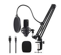 Andoer Kit de micrófono condensador de grabación de estudio con soporte amortiguador + tijeras ajustables, soporte de brazo de tijera + filtro pop + parabrisas + cable USB para cantar en línea en red