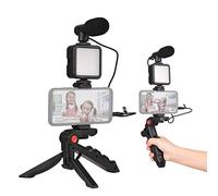 Andoer Kit de video para teléfono, luz LED cardioide + micrófono + clip extensible + trípode con brillo ajustable para vlog y transmisión en vivo