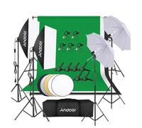 Andoer Kit Fondo Fotográfico Estudio,Softbox de 45W,Paraguas de Luz Suave de 45W,iluminación Profesional,1.8x2.7m Tela de Fondo(Negro/Blanco/Verde) con Sistema de Soporte,para Fotografía y Vídeo