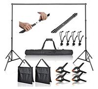 Andoer® Sistema de soporte de fondo de estudio de 2,6 x 3 m, soporte de fondo ajustable para fotos con funda de transporte, 2 bolsas de arena + 4 clips de boca de pez + 4 clips de hebilla