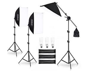 Andoer Softbox Iluminacion Kit Fotografia con 3 Softbox 50×70cm, 3 Bombilla LED de 45W, 3 Soportes de Luz 2M, Brazo de Pluma para Retrato de Estudio Producto Foto Video Transmisión en Vivo