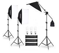 Andoer Softbox - Juego de iluminación de Estudio fotográfico (50 x 70 cm, 3 Bombillas LED de 45 W, 3 trípodes de luz de 2 m, Brazo para Retratos de Estudio, fotografía de Productos, Foto de Moda