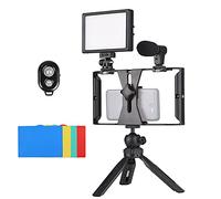 Andoer Vlog Kit Incluye Jaula y Abrazadera para Teléfono 3 Soportes de Zapata Fría Luz de Video LED USB 3200K-5600K con 5 Filtros de Color Micrófono Trípode de Escritorio Obturador Remoto para Vlog