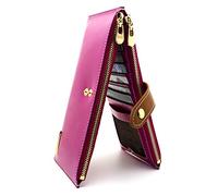 ANDOILT Mujer Cuero Genuino Billetera RFID Bloqueo Tarjeta de Crédito Poseedor Cremallera Carteras Teléfono Celular Bolsa Rosa Rojo