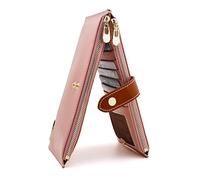 ANDOILT Mujer Cuero Genuino Billetera RFID Bloqueo Tarjeta de Crédito Poseedor Cremallera Carteras Teléfono Celular Bolsa Rosado