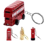 ANDRESLAD Llavero Vintage de Aleación Elementos Británicos Set de 4 Piezas Colgantes de Autobús Rojo Cabina Telefónica Buzón y Reloj Icónico Decoración para Llaves y Bolso Accesorio de