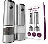Andrew James Juego de molinillos de sal y pimienta eléctricos de acero inoxidable iluminado, dispensador de grosor ajustable de cuchillas de cerámica, funcionamiento con un solo toque, funciona con