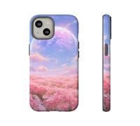Andriez Campo de flores rosas con planeta brillante, funda resistente mate, compatible con iPhone 14