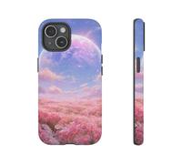 Andriez Campo de flores rosas con planeta brillante, funda resistente mate, compatible con iPhone 15