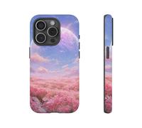 Andriez Campo de flores rosas con planeta brillante, funda resistente mate, compatible con iPhone 15 Pro