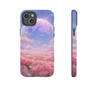 Andriez Campo de flores rosas con planeta brillante, funda resistente mate, compatible con iPhone 15 Plus
