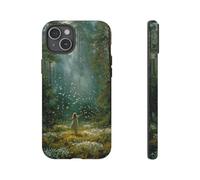 Andriez Girl in Sunlit Forest Clearing with Butterflies - Funda resistente mate compatible con iPhone 15 Plus, color verde