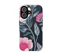 Andriez Patrón floral rosa brillante sobre azul oscuro, funda resistente mate, compatible con iPhone 16