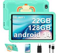 Android 14 Tablet Niños 10 Pulgadas, 22GB RAM 128GB ROM(TF 1TB), 2,4G+5G WiFi6, 8000mAh, Widevine L1, 8 Núcleos de 2,0 GHz, Pantalla HD 1280 x 800, Bluetooth 5.0, Rotación de 360°EVA Case - Verde