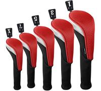 Andux Juego de 5 fundas de malla para cabeza de palo de golf, de madera, cuello largo, color negro y rojo