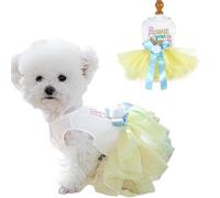 Anelekor Traje de Pascua para perro con patrones bordados de conejo y bonito pompón, vestido de cachorro con lazo, tutú para perros pequeños, ropa elegante para mascotas, amarillo, azul, blanco