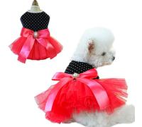 Anelekor Vestido negro de lunares para perro con anillo en D, atuendo de boda para cachorros para perros pequeños, traje de cumpleaños de gato, vestido de fiesta de tutú rojo para gatito, chihuahua,