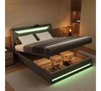 Aneutr - Cama de 140 x 200 cm con LED y puertos USB, marco de cama doble con cabecero tapizado, sistema hidráulico, camas hidráulicas con almacenamiento, cama para 2 personas con somier de láminas