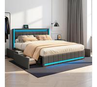 Aneutr - Cama doble acolchada de 140 x 200 cm con LED y multienchufe, cama doble con somier de láminas y 4 cajones, camas de baúl de lino gris oscuro para adultos y adolescentes (gris lino, 140 x 200)