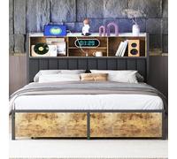 Aneutr Marco de cama de metal 160 x 200 cm, cama doble acolchada con 2 cajones, cabecero con almacenamiento con iluminación LED y carga USB, camas de plataforma para cama de 2 personas con somier de