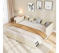 Aneutr Sofá cama Convertible de 2 plazas 90/180 x 200 cm, sofá cama acolchado con somier de láminas, sofá cama nido extensible, tejido aterciopelado (sin colchón) (Beige)
