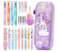 Anfirst Set Papelería Unicornio Niñas, Unicornio Regalo para Niñas 4 5 6 7 8 9 Años, Kit Papelería con Estuche Kawaii, 4 Subrayadores, 4 Bolígrafos de Gel & 4 Portaminas, Goma de Borrar, Morado