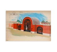 ANFOTCM Pierre Neveu (b.1929) - Gouache de mediados del siglo XX, The Red Arch Original Vintage Art Art Canvas Posters Wall Art Bedroom Office Room Decor Gift 24 x 36 pulgadas (60 x 90 cm)