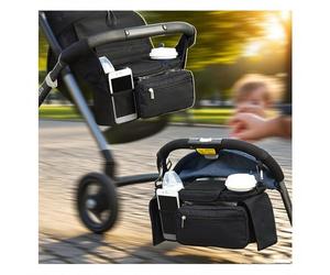 Anfylife Unversal - Organizador de cochecito con 2 portavasos aislados, gancho ajustable + correa para UPPAbaby/Bugaboo, organizador de pañales de 8 bolsillos y dispensador de toallitas, color negro