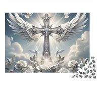 Ángel ala Cruz Rompecabezas 1000 Piezas Hombres Mujeres Adultos Cruz Alas Palomas Nubes Premium Grueso Resistente Vibrante Desafiante Alivio Estrés 52x38cm/1000pcs