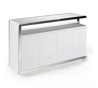 Angel Cerdá - Aparador de madera lacada blanca brillante con estructura de acero cromado y 4 puertas dobles, moderno y funcional, mueble con gran almacenamiento, 140 x 40 x 85 cm