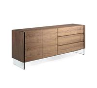 Angel Cerdá - Aparador de Nogal con Patas Laterales de Cristal Templado, Dos Puertas y Tres Cajones - Mueble de Salón Moderno y Sofisticado con Gran Almacenaje - 188 x 45 x 75 cm