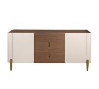 Angel CERDÁ - Aparador Moderno con 3 Cajones y 2 Puertas - 145 x 45 x 80 cm - Tapa de Nogal Natural, Estructura de Madera MDF lacada en Color Beige y Detalles en Acero Pulido Dorado