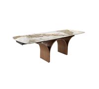 Angel CERDÁ - Mesa Comedor Extensible Ovalada - 180/260 x 100 x 76 cm - Tapa de Mármol Porcelánico Blanco con Vetas Tierra y Patas de Acero Efecto Nogal