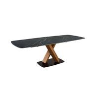 Angel Cerdá - Mesa Comedor Extensible Ovalada con Base Barril - Diseño Elegante, Funcional y Cálido - 180/220 X 110 X 76 Cm - Tapa de Mármol Porcelánico Blanco Veteado y Base Central Chapada Nogal