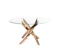 Ángel Cerdá - Mesa de Comedor Redonda con Tapa Fija de Cristal Templado Transparente y Patas de Acero Inoxidable Color Oro Rosa - Diseño Moderno y Elegante para 6 Comensales - 130 x 75 cm