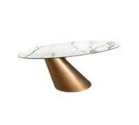 Angel Cerdá - Mesa de Comedor Ovalada con Base Central Escultural - Diseño Moderno, Artístico y Elegante - 200 X 120 X 76 Cm - Tapa de Mármol Porcelánico Blanco Veteado y Base de Acero Color Bronce