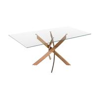 Ángel Cerdá - Mesa de Comedor Rectangular con Tapa Fija de Cristal Templado Transparente y Patas de Acero Inoxidable Color Oro Rosa - Diseño Moderno y Elegante para 6 Comensales - 160 x 95 x 75 cm