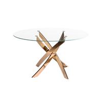 Ángel Cerdá - Mesa de Comedor Redonda con Tapa Fija de Cristal Templado Transparente y Patas de Acero Inoxidable Color Oro Rosa - Diseño Moderno y Elegante para 6 Comensales - 130 x 75 cm