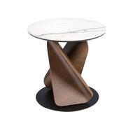 Angel Cerdá | Mesa de Rincón Redonda de Diseño Moderno Modelo 2175 | Tapa de Mármol Porcelánico Blanco Veteado Mate y Patas de Madera de Nogal Natural | Base de Acero Negro Ø50 x 45 cm