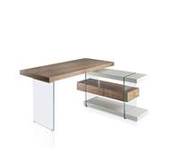 Ángel Cerdá - Mesa Escritorio de Madera Nogal y Cristal Templado - Escritorio Oficina Moderno con Cajones Soft-Closing - Escritorio Trabajo con Baldas en Gris Perla - 140 x 127 x 75 cm