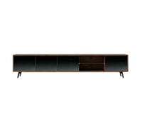 Ángel Cerdá - Mueble TV de Nogal y Cristal Negro Efecto Espejo - Mueble TV Madera con Puertas Soft-Closing - Moderno, Duradero y Funcional - 240 x 45 x 50 cm