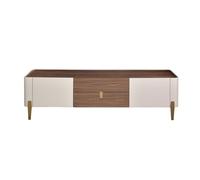 Angel CERDÁ - Mueble TV Moderno con 2 Cajones y 2 Puertas - 160 x 45 x 60 cm - Tapa de Nogal Natural, Estructura de Madera MDF lacada en Color Beige y Detalles en Acero Pulido Dorado