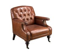 Angel Cerdá - Sillón Chester Piel Marrón Coñac - 77x90x89 cm - Tapizado en Piel Vacuno 1,25 mm, Patas Madera Maciza Caoba con Ruedas en Acero Latón Envejecido