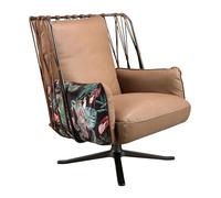 Angel Cerdá - Sillón Giratorio Tapizado en Piel Marrón y Tela Estampada - Diseño Moderno, Envolvente y Funcional - 76 X 82 X 78 Cm - Base Giratoria de Acero Negro y Respaldo Ergonómico Acolchado