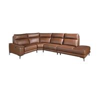 Angel CERDÁ - Sofá Chaise Longue Derecha 5 Plazas - Diseño Moderno con Sistema Eléctrico USB - 305 x 244 x 97 cm - Tapizado Piel Origen Vacuno Marrón Tabaco y Patas Acero Inoxidable Cromado Oscuro