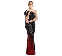Angel-fashions De las Mujeres Asimetrico Cinta Gradual Lentejuela Sirena Vestido Largo (S, Rojo Negro)