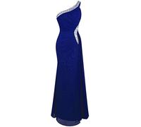 Angel-fashions De las Mujeres Un Hombro Ruching Cuentas Cinta Slit Vestido Azul Real 44